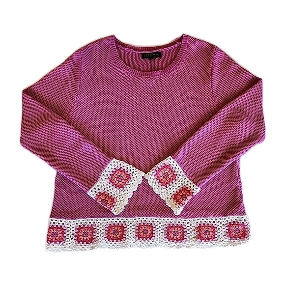 Joseph A Sweaters - VTG 80s 90s Joseph A Granny Square Crochet Pullover Sweater Sz XL Pink Boxy Boho